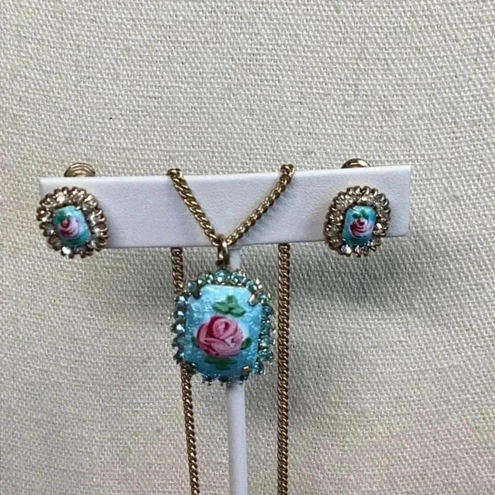 Blue and Gold Glass and Rhinestone Necklace and Earrings Set Dainty Vintage
